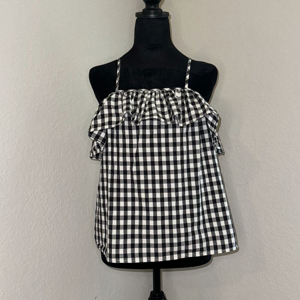 A New Day Cold Shoulder Ruffled Top Women's Medium Black White Gingham Straps